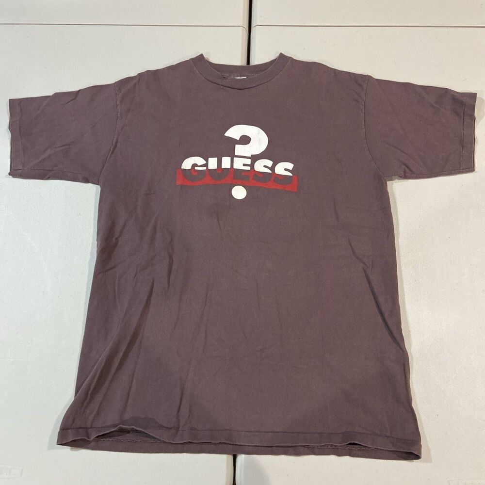 Vintage GUESS 80s Spell out Graphic T-Shirt Purple Single Stitch USA Mens XL